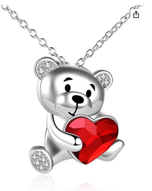 Red Heart Bear Necklace Diamond Pendant Love Bear Jewelry Women Mother Wife Girl Gift 925 Sterling Silver Chain 18in.