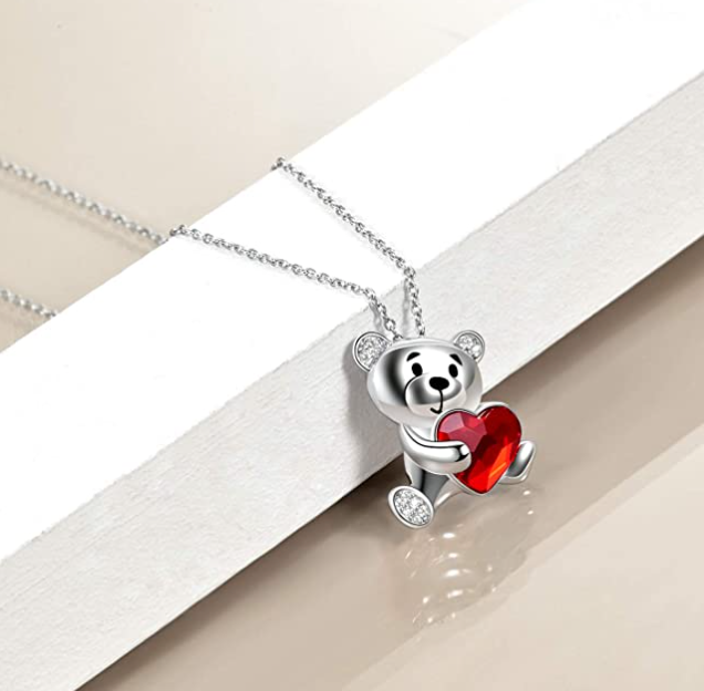 Red Heart Bear Necklace Diamond Pendant Love Bear Jewelry Women Mother Wife Girl Gift 925 Sterling Silver Chain 18in.