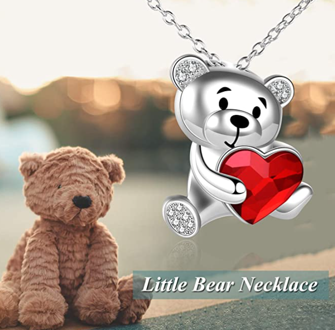 Red Heart Bear Necklace Diamond Pendant Love Bear Jewelry Women Mother Wife Girl Gift 925 Sterling Silver Chain 18in.