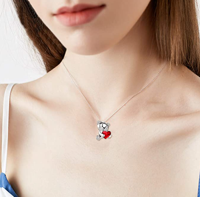 Red Heart Bear Necklace Diamond Pendant Love Bear Jewelry Women Mother Wife Girl Gift 925 Sterling Silver Chain 18in.