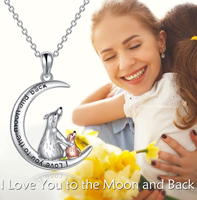 Mama Bear Necklace Pendant Moon Bear Family Jewelry Women Mother Wife Girl Gift 925 Sterling Silver Chain 18in.