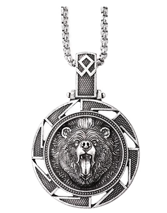 Bear Medallion Necklace Pendant Black Celtic Bear Jewelry Black Norse Viking Hunter Nordic Gift Stainless Steel 24in.