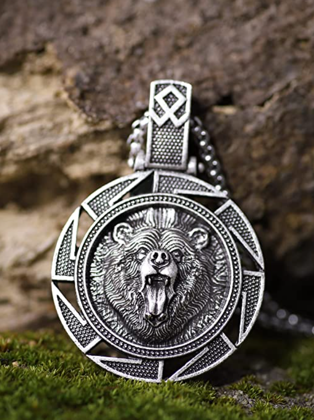 Bear Medallion Necklace Pendant Black Celtic Bear Jewelry Black Norse Viking Hunter Nordic Gift Stainless Steel 24in.