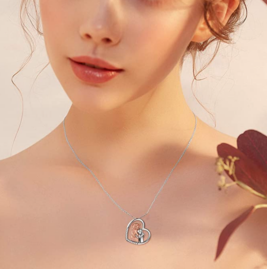 Bear Hug Love Heart Necklace Diamond Pendant Rose Gold Bear Jewelry Women Mother Wife Girl Gift 925 Sterling Silver Chain 18in.