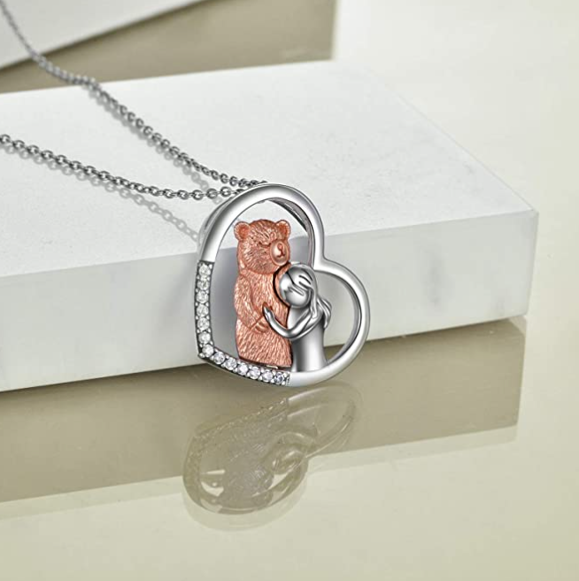 Bear Hug Love Heart Necklace Diamond Pendant Rose Gold Bear Jewelry Women Mother Wife Girl Gift 925 Sterling Silver Chain 18in.