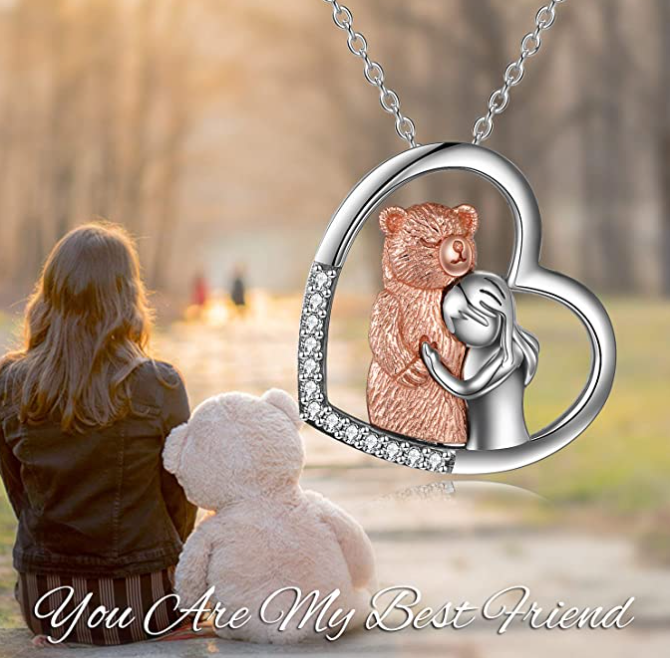 Bear Hug Love Heart Necklace Diamond Pendant Rose Gold Bear Jewelry Women Mother Wife Girl Gift 925 Sterling Silver Chain 18in.