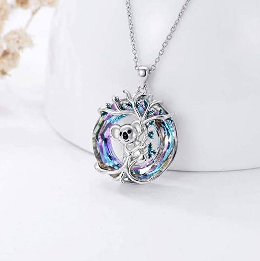 Koala Bear Tree Necklace Diamond Pendant Rainbow Lover Heart Koala Bear Jewelry Women Mother Wife Girl Gift 925 Sterling Silver Chain 18in.