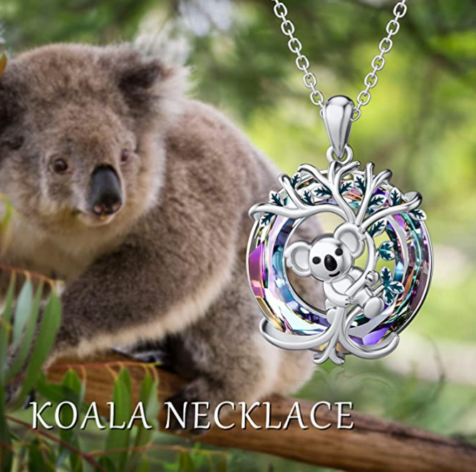 Koala Bear Tree Necklace Diamond Pendant Rainbow Lover Heart Koala Bear Jewelry Women Mother Wife Girl Gift 925 Sterling Silver Chain 18in.