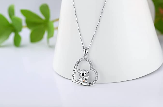 Koala Bear Tree Leaf Necklace Diamond Moon Star Pendant Lover Hug Heart Koala Bear Jewelry Women Mother Wife Girl Gift 925 Sterling Silver Chain 18in.