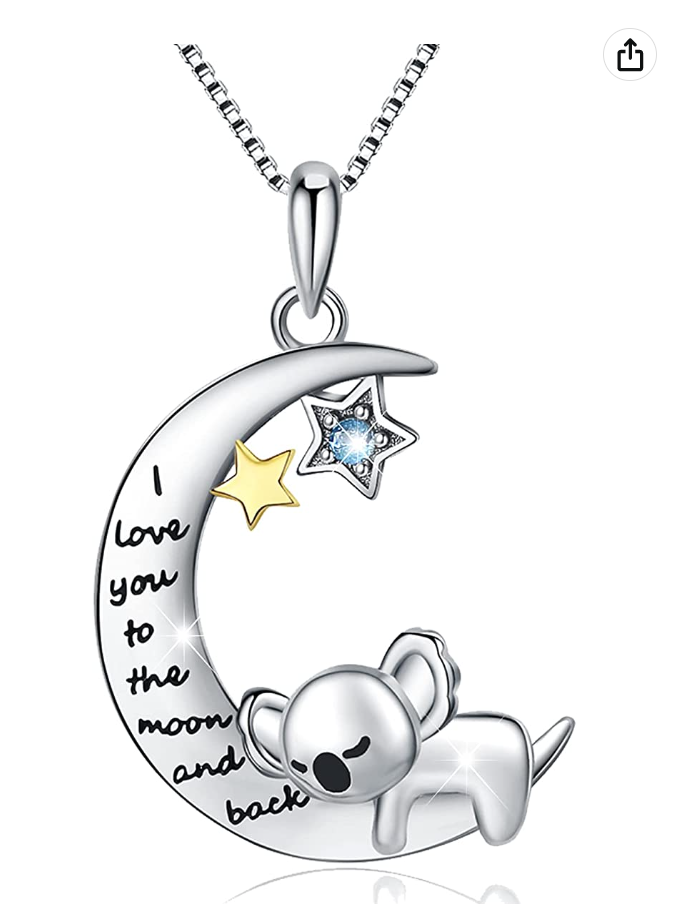 Koala Bear Tree Leaf Necklace Diamond Moon Star Pendant Lover Hug Heart Koala Bear Jewelry Women Mother Wife Girl Gift 925 Sterling Silver Chain 18in.