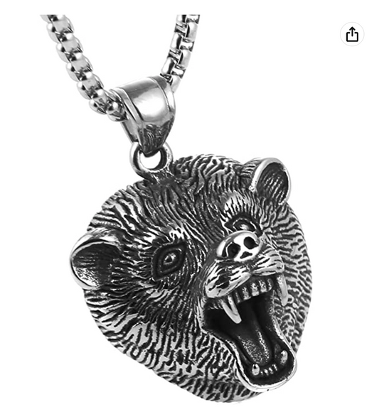 Roaring Bear Head Necklace Pendant Celtic Bear Jewelry Norse Viking Hunter Nordic Gift Black Stainless Steel 24in.