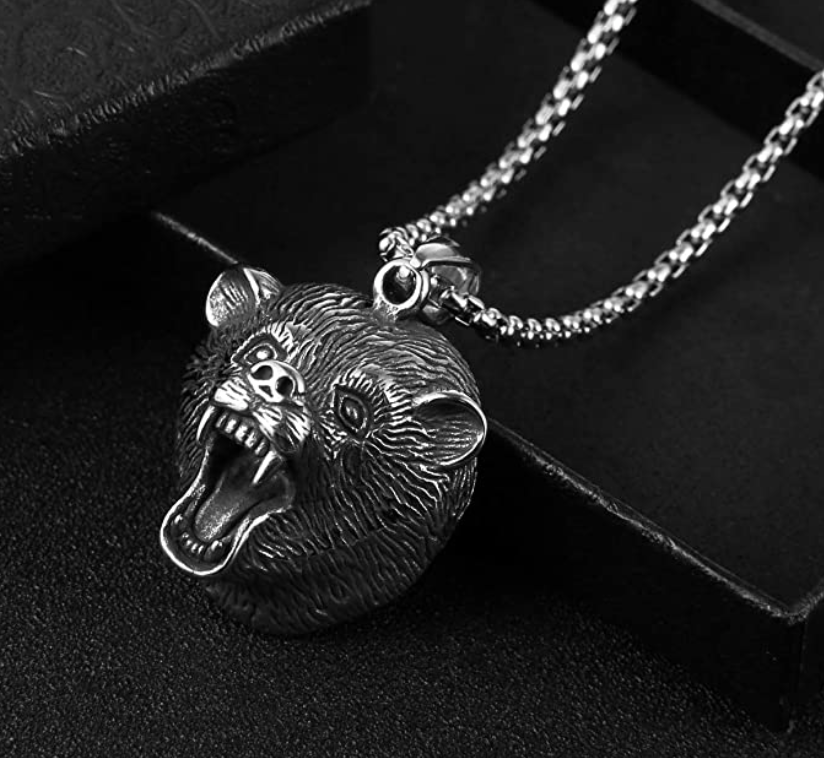 Roaring Bear Head Necklace Pendant Celtic Bear Jewelry Norse Viking Hunter Nordic Gift Black Stainless Steel 24in.