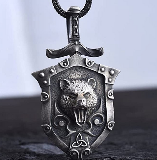 Black Bear Head Necklace Pendant Celtic Knot Bear Jewelry Norse Viking Sword Shield Hunter Nordic Gift Black Stainless Steel 24in.