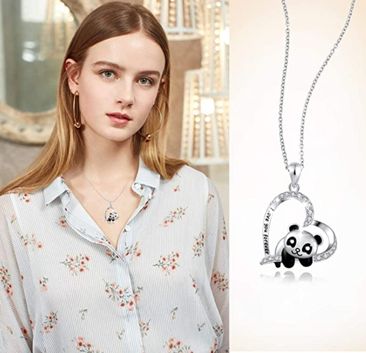 Cute Panda Bear Hanging Necklace Diamond Pendant Love Heart Panda Bear Jewelry Women Mother Wife Girl Gift 925 Sterling Silver Chain 18in.