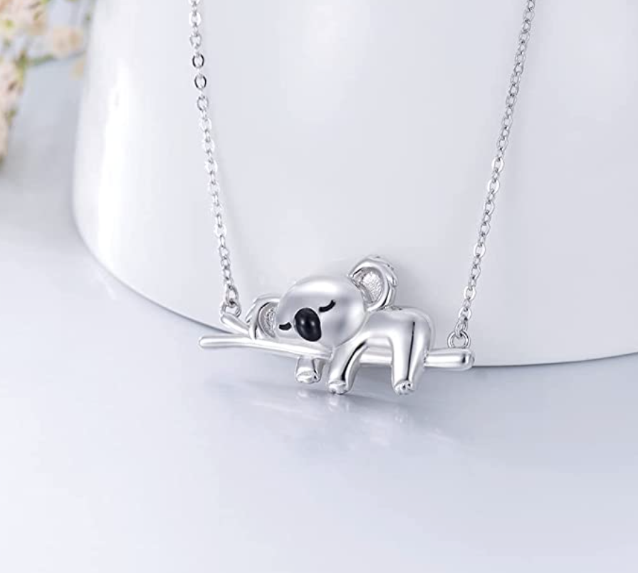 Koala Bear Hanging on Tree Branch Necklace Pendant Koala Bear Jewelry Women Mother Wife Girl Gift 925 Sterling Silver Chain 18in.