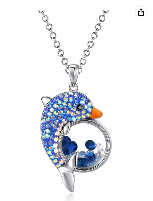 Blue Crystal Diamond Dolphin Necklace Pendant Dolphin Jewelry Women Mother Wife Girl Gift 925 Sterling Silver Chain 18in.