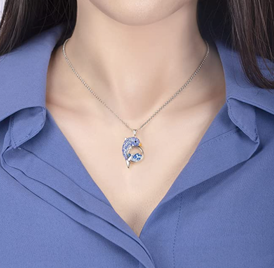 Blue Crystal Diamond Dolphin Necklace Pendant Dolphin Jewelry Women Mother Wife Girl Gift 925 Sterling Silver Chain 18in.