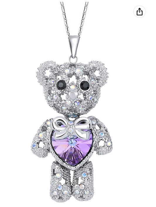 Blue Purple Heart Teddy Bear Pendant Diamond Necklace Charm Bracelet Teddy Bear Heart Love Jewelry Wife Mother Daughter Girls Gift