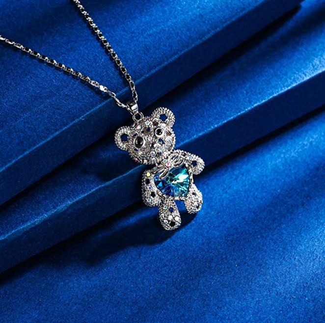 Blue Purple Heart Teddy Bear Pendant Diamond Necklace Charm Bracelet Teddy Bear Heart Love Jewelry Wife Mother Daughter Girls Gift