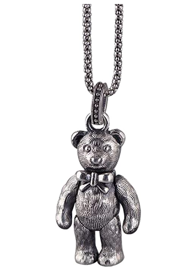 Vintage Black 925 Sterling Silver Teddy Bear Pendant Necklace Charm Bracelet Teddy Bear Heart Love Jewelry Wife Mother Daughter Girls Gift 18in.