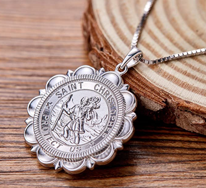 Saint Christopher Necklace Medallion Pendant St. Christopher Jewelry Roman Catholic Chain 925 Sterling Silver Gift 18 - 24in.