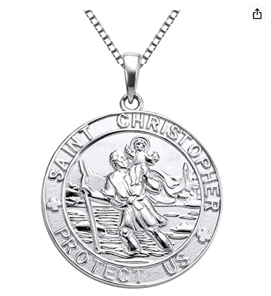 Saint Christopher Necklace Medallion Pendant St. Christopher Jewelry Roman Catholic Chain 925 Sterling Silver Gift 18 - 24in.