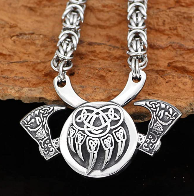 Black Bear Paw Amulet Necklace Pendant Bear Jewelry Celtic Axe Hammer Norse Viking Hunter Nordic Gift Black Stainless Steel 24in.