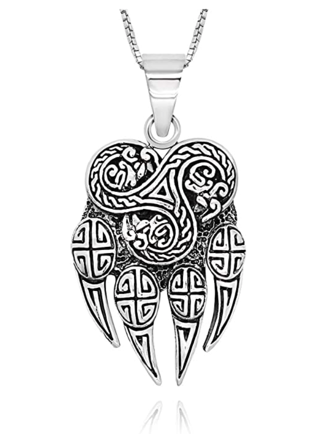 Bear Paw Necklace Pendant Bear Jewelry Celtic Norse Viking Hunter Nordic Gift Black Stainless Steel 18in.