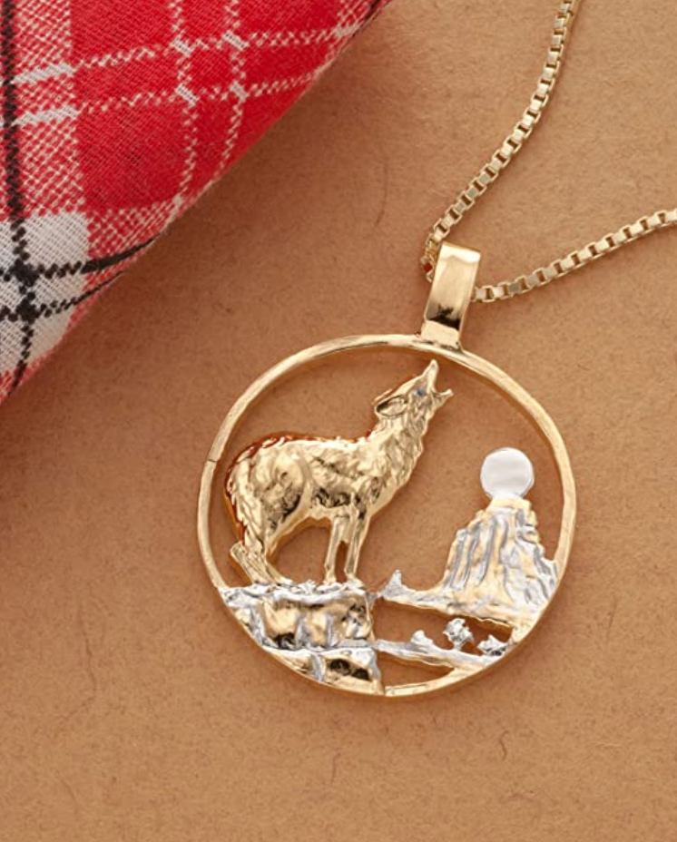 14K Gold Plated Wolf Pendant Necklace Wolf Howling Melladion Jewelry Celtic Nordic Viking Hunter Norse Gift Chain 20in.