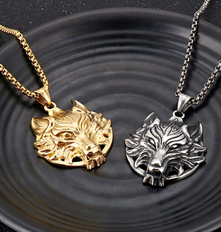 Stainless Steel Wolf Head Pendant Necklace Wolf Jewelry Celtic Nordic Viking Hunter Norse Gift Chain Gold Silver Black 24in.