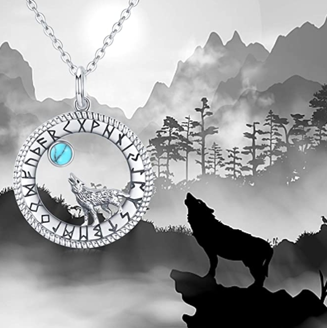Viking Ruins Wolf Howling Moon Pendant Moonstone Necklace Wolf Jewelry Amulet Celtic Nordic Hunter Norse Gift 925 Sterling Silver Chain 20in.