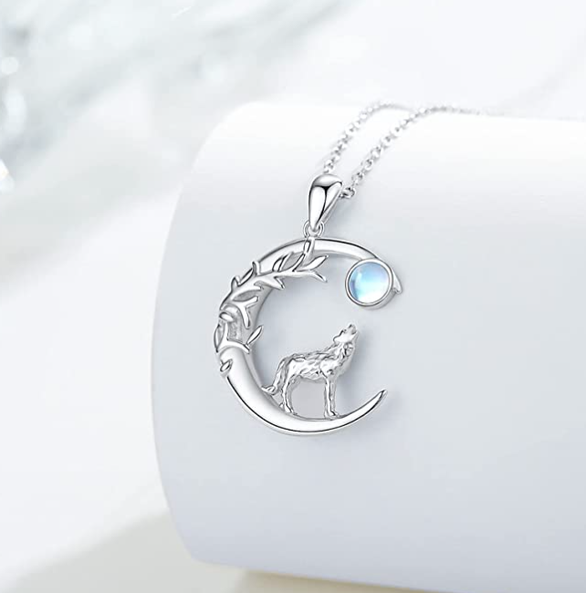 Wolf Howling Moon Pendant Moonstone Necklace Wolf Jewelry Celtic Nordic Viking Ruins Hunter Norse Gift 925 Sterling Silver Chain 20in.