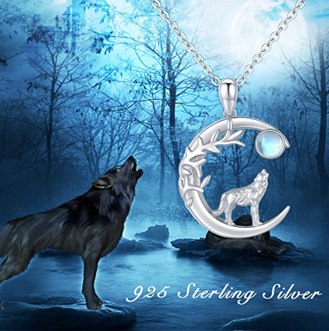 Wolf Howling Moon Pendant Moonstone Necklace Wolf Jewelry Celtic Nordic Viking Ruins Hunter Norse Gift 925 Sterling Silver Chain 20in.