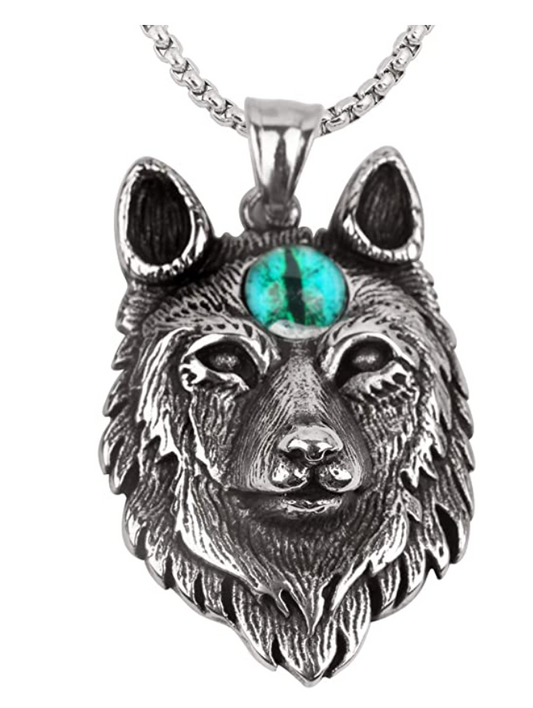 Wolf Head Pendant Snake Eye Necklace Black Wolf Jewelry Celtic Nordic Viking Hunter Norse Gift Stainless Steel Chain 24in.