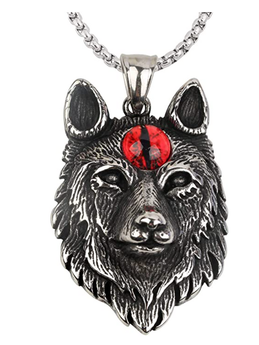 Wolf Head Pendant Snake Eye Necklace Black Wolf Jewelry Celtic Nordic Viking Hunter Norse Gift Stainless Steel Chain 24in.