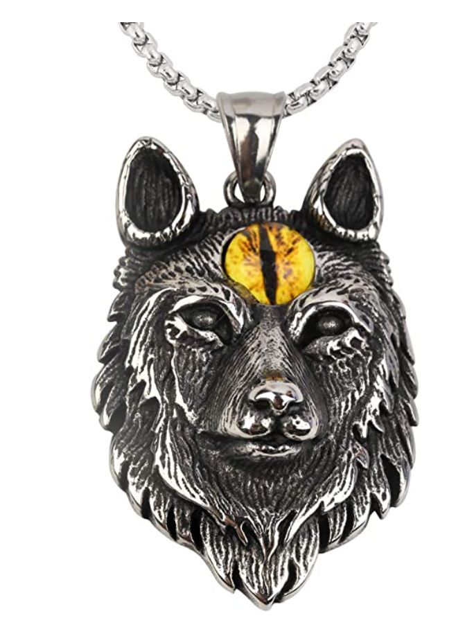 Wolf Head Pendant Snake Eye Necklace Black Wolf Jewelry Celtic Nordic Viking Hunter Norse Gift Stainless Steel Chain 24in.