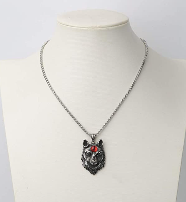 Wolf Head Pendant Snake Eye Necklace Black Wolf Jewelry Celtic Nordic Viking Hunter Norse Gift Stainless Steel Chain 24in.