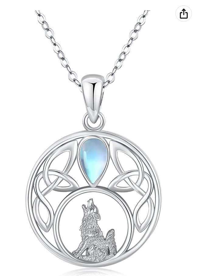 Celtic Knot Wolf Howling Moon Pendant Moonstone Necklace Wolf Leaf Jewelry Celtic Nordic Viking Ruins Hunter Norse Gift 925 Sterling Silver Chain 24in.