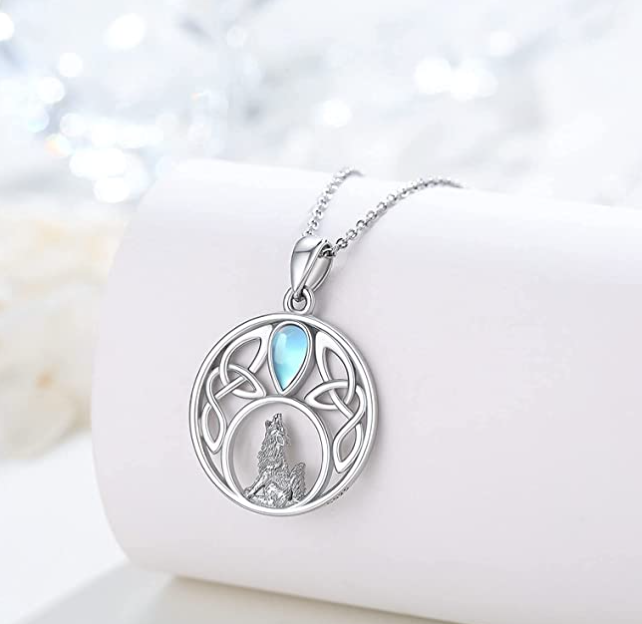 Celtic Knot Wolf Howling Moon Pendant Moonstone Necklace Wolf Leaf Jewelry Celtic Nordic Viking Ruins Hunter Norse Gift 925 Sterling Silver Chain 24in.
