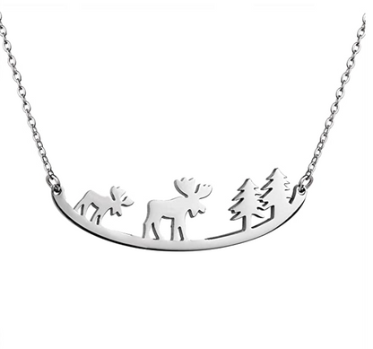 Baby Moose Family Necklace Pendant Elk Reindeer Mountain Tree Jewelry Chain Norse Viking Hunter Nordic Gift Stainless Steel 20in.