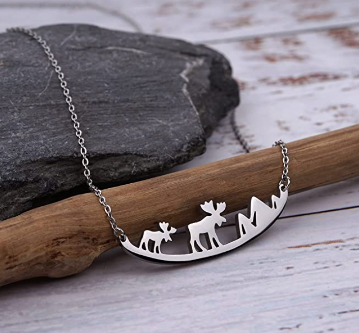 Baby Moose Family Necklace Pendant Elk Reindeer Mountain Tree Jewelry Chain Norse Viking Hunter Nordic Gift Stainless Steel 20in.