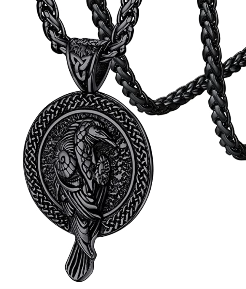 Celtic Knot Raven Medallion Necklace Pendant Black Raven Crow Bird Jewelry Chain Viking Nordic Hunter Norse Gift Gold Silver Stainless Steel 24in.