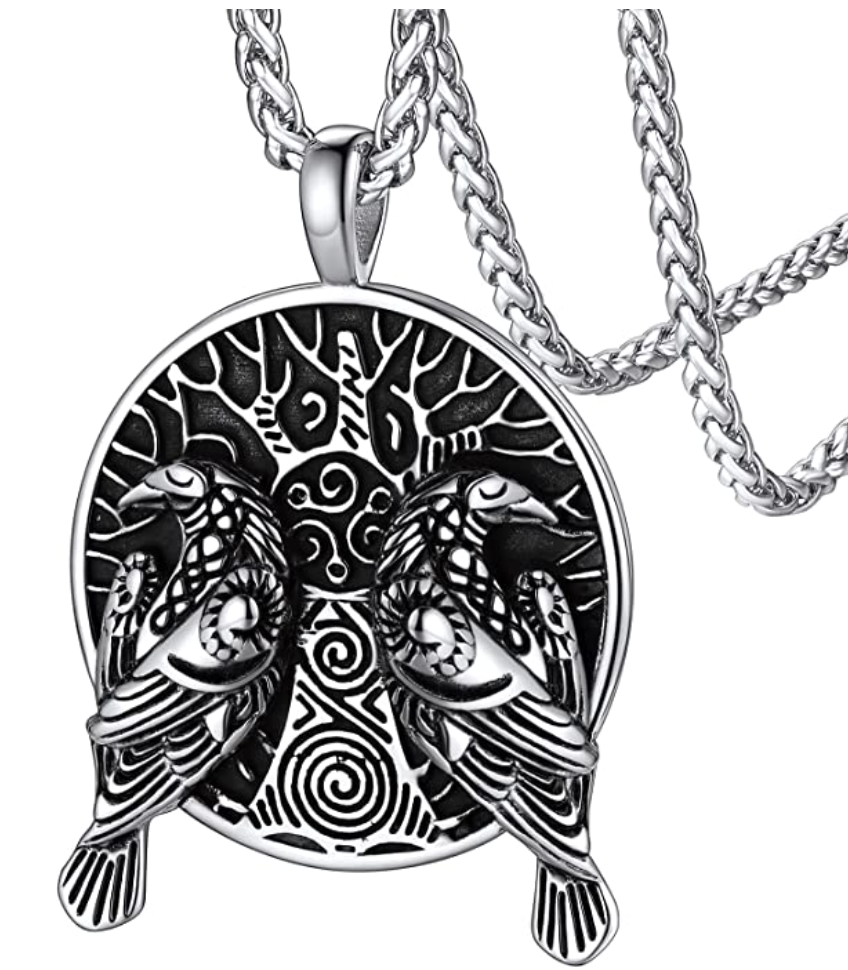 2 Ravens Tree of Life Necklace Pendant Celtic Raven Crow Bird Jewelry Love Heart Chain Viking Nordic Hunter Norse Gift Stainless Steel 24in.