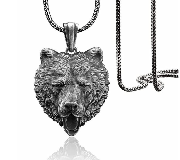 Oxidized 925 Sterling Silver Wolf Head Pendant Necklace Lion Face Chain Celtic Black Bear Jewelry Viking Nordic Hunter Norse Gift