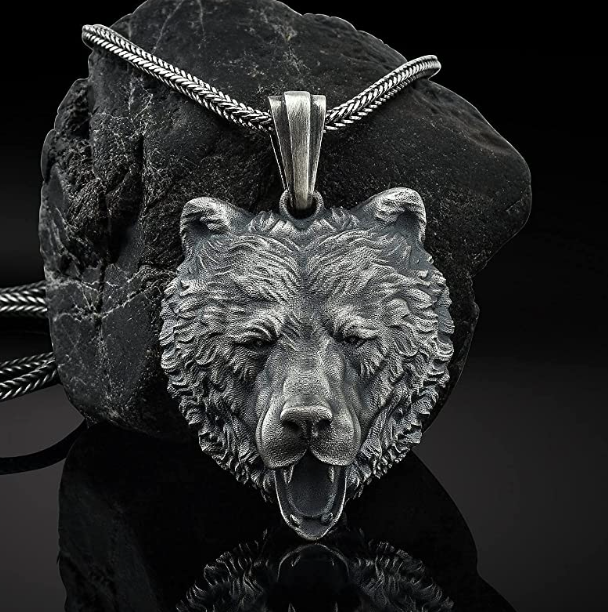 Oxidized 925 Sterling Silver Wolf Head Pendant Necklace Lion Face Chain Celtic Black Bear Jewelry Viking Nordic Hunter Norse Gift