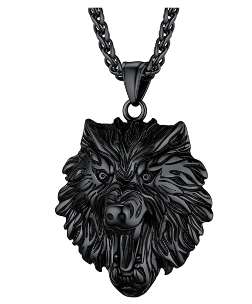 Wolf Head Pendant Necklace Wolf Face Chain Celtic Black Gold Jewelry Viking Nordic Hunter Norse Gift Stainless Steel 24in.