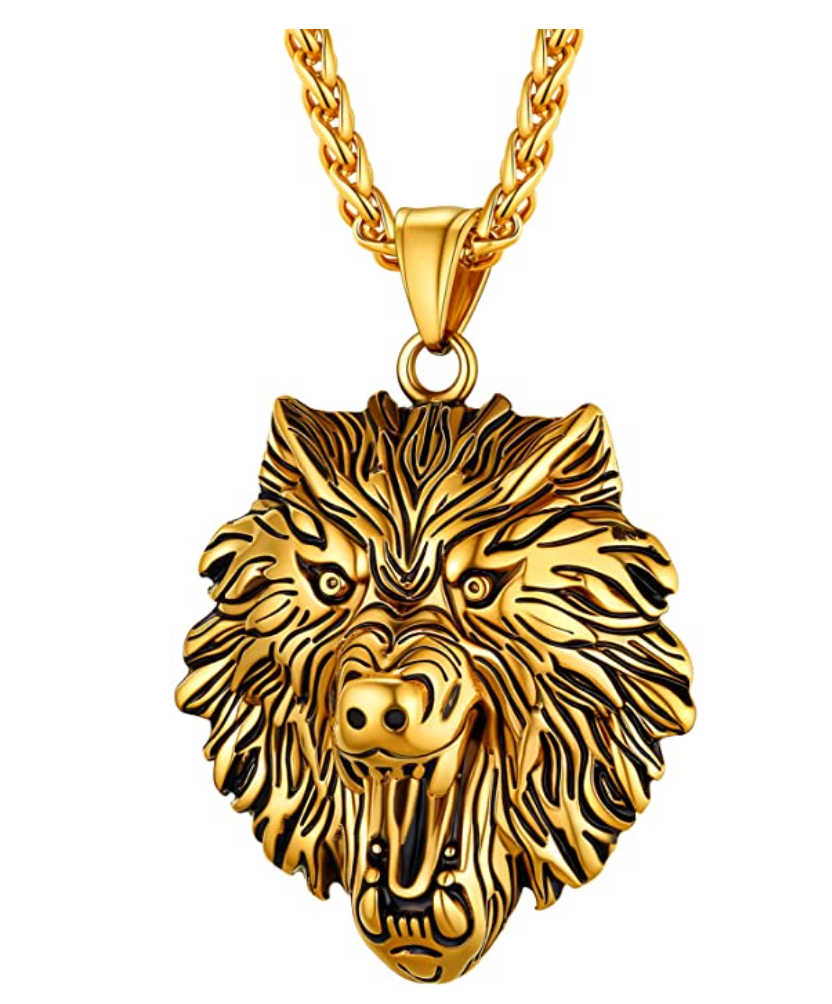 Wolf Head Pendant Necklace Wolf Face Chain Celtic Black Gold Jewelry Viking Nordic Hunter Norse Gift Stainless Steel 24in.