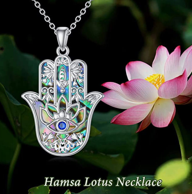 Blue Abalone Buddhist Hamsa Hand Fatima Necklace Chai Evil Eye Lucky Charm Kabbalah Merkaba Lotus Muslim Allah Jewelry Yoga 925 Sterling Silver 18in.