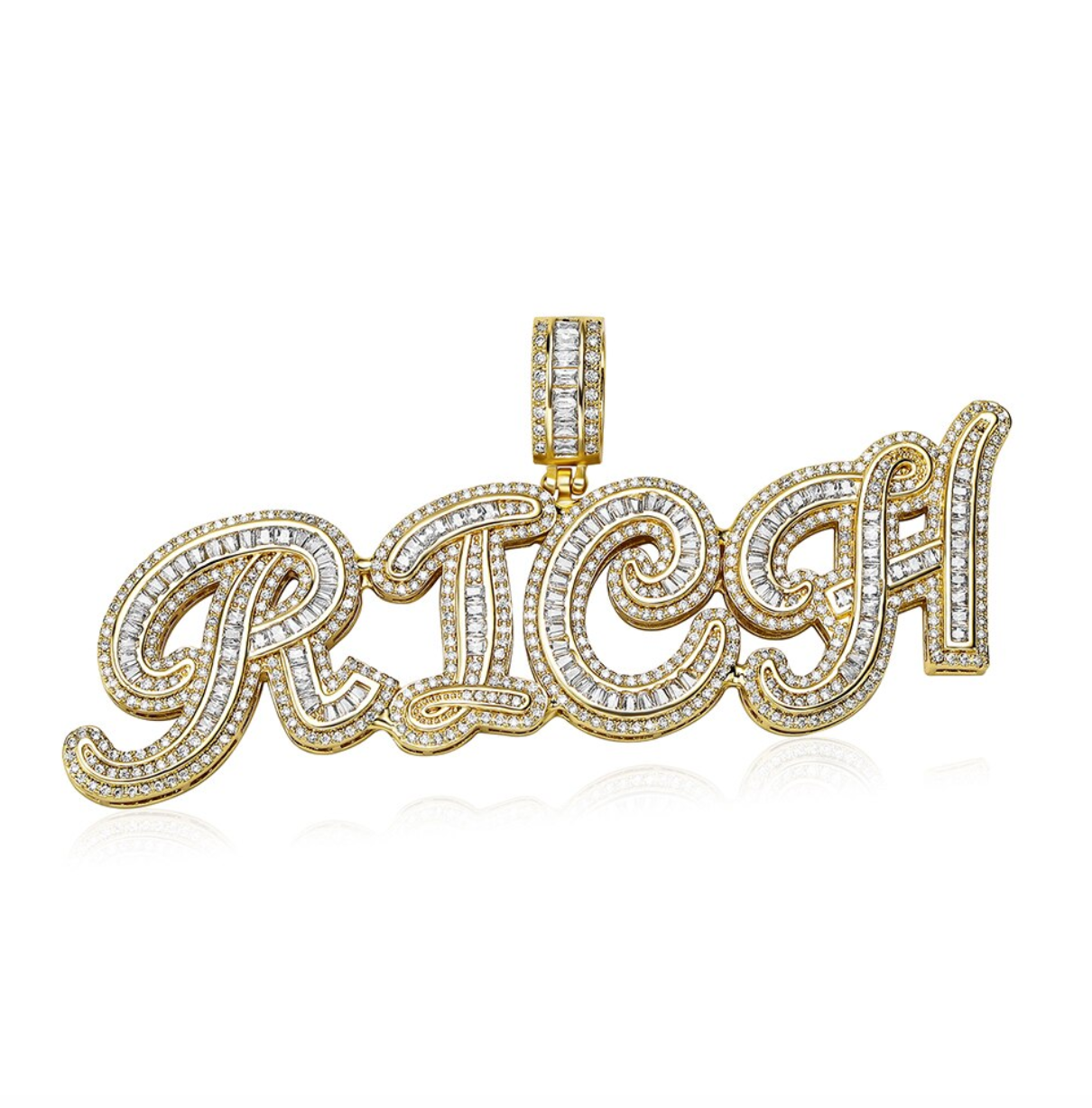 Custom Cursive Baguette Letter Necklace Name Pendant Chain Gold Silver Diamond Hip Hop Jewelry #31