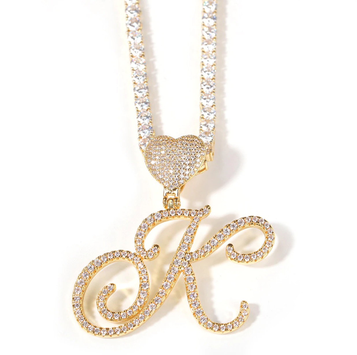 Custom Cursive Heart Letter Necklace Name Pendant Chain Gold Silver Diamond Hip Hop Jewelry #30